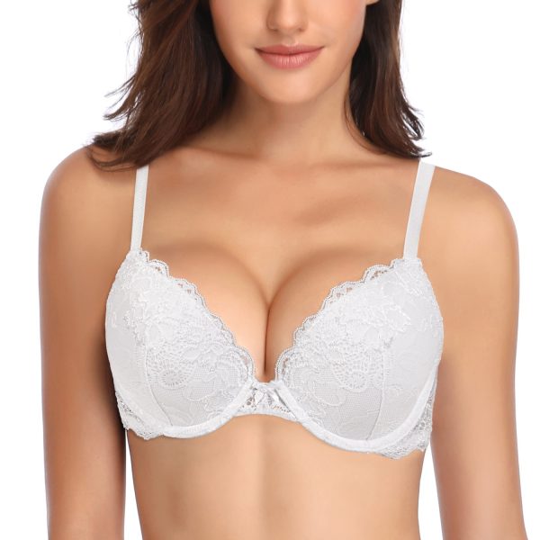 Deyllo Women's Sexy Lace Push Up Padded Plunge Add Cups Underwire Lift Up Bra, White 36B