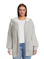 No Boundaries Juniors Plus Cardigan Sweater with Faux Sherpa Lined Hood, Midweight
